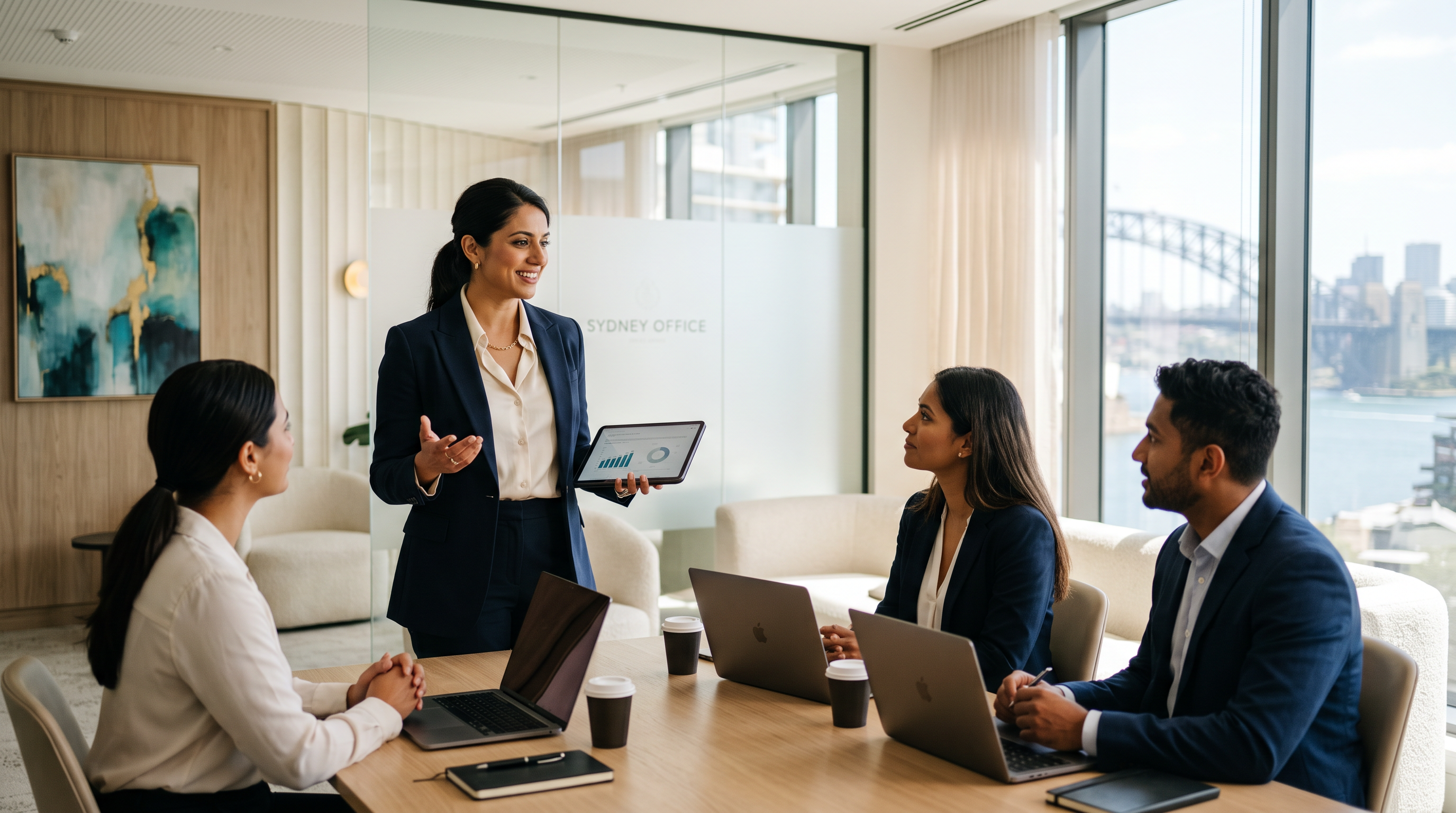 A confident South Asian professional presenting to a team in a sunlit Sydney office