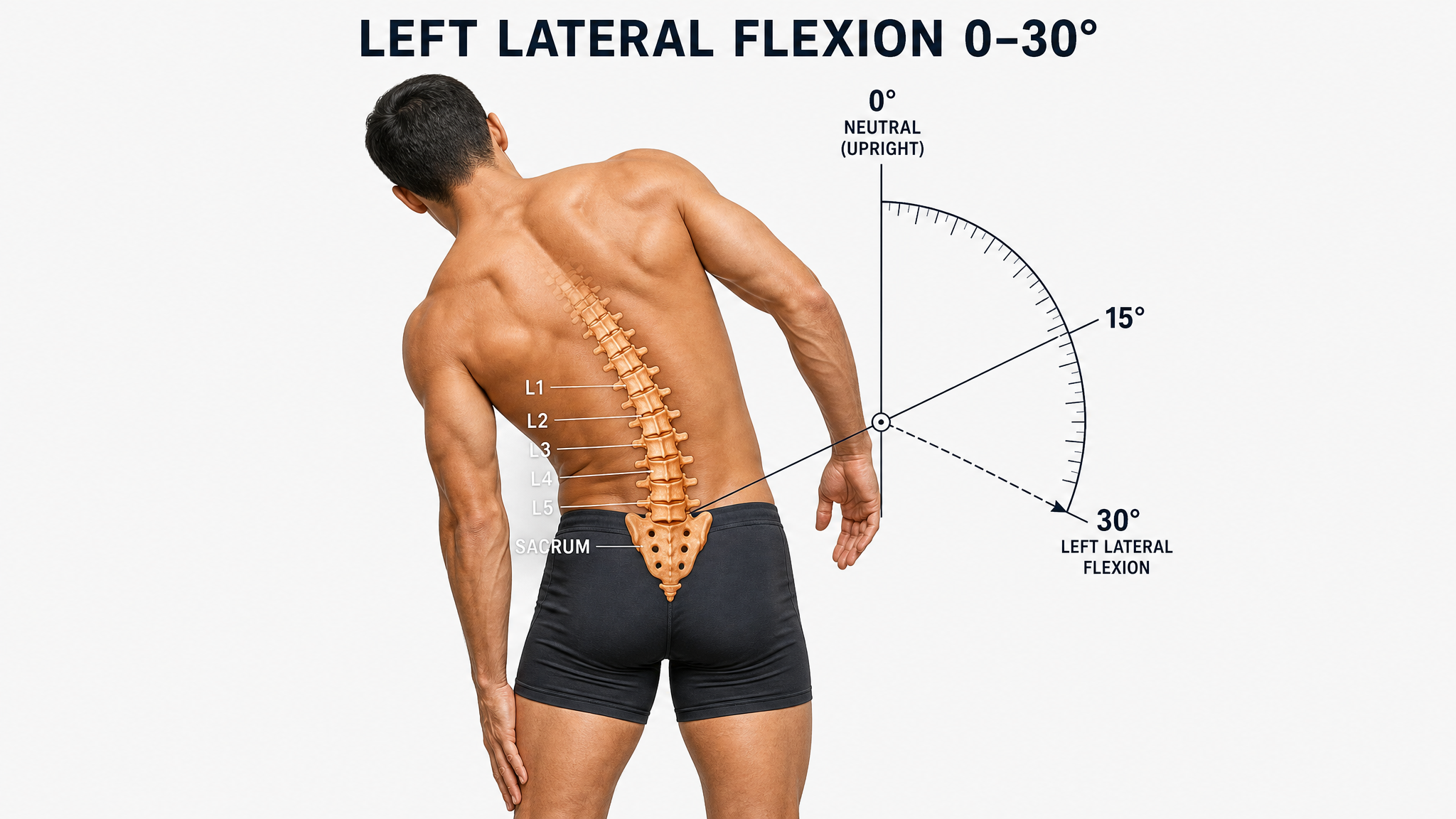Clinical illustration of left lumbar lateral flexion viewed from behind — a male figure bending the trunk toward the left with the L1–L5 spine and sacrum overlaid and a goniometer protractor arc measuring the angle