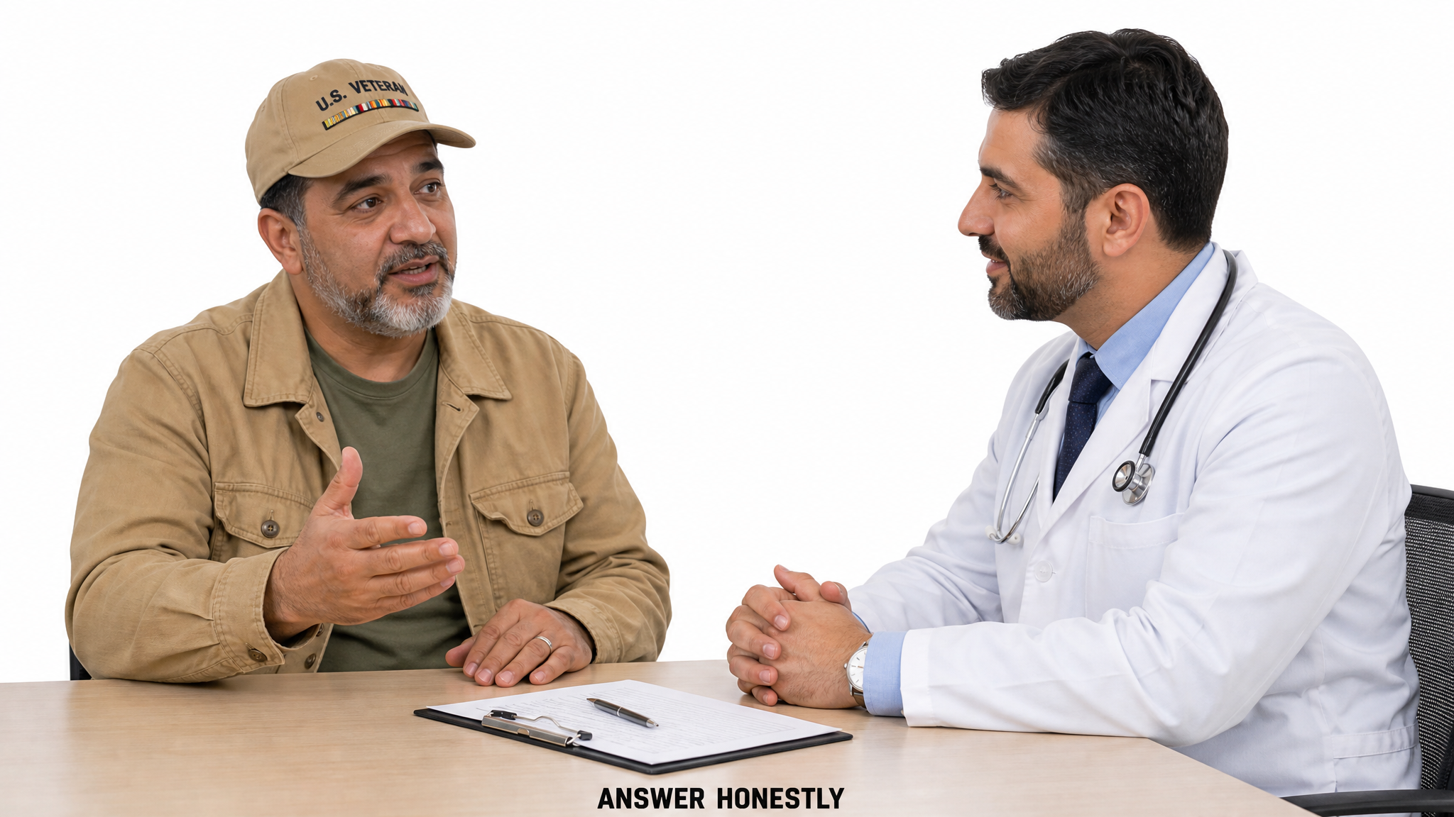 Clinical teaching photograph of a veteran in a ball cap talking candidly across a desk to a clinician during the interview portion of the exam