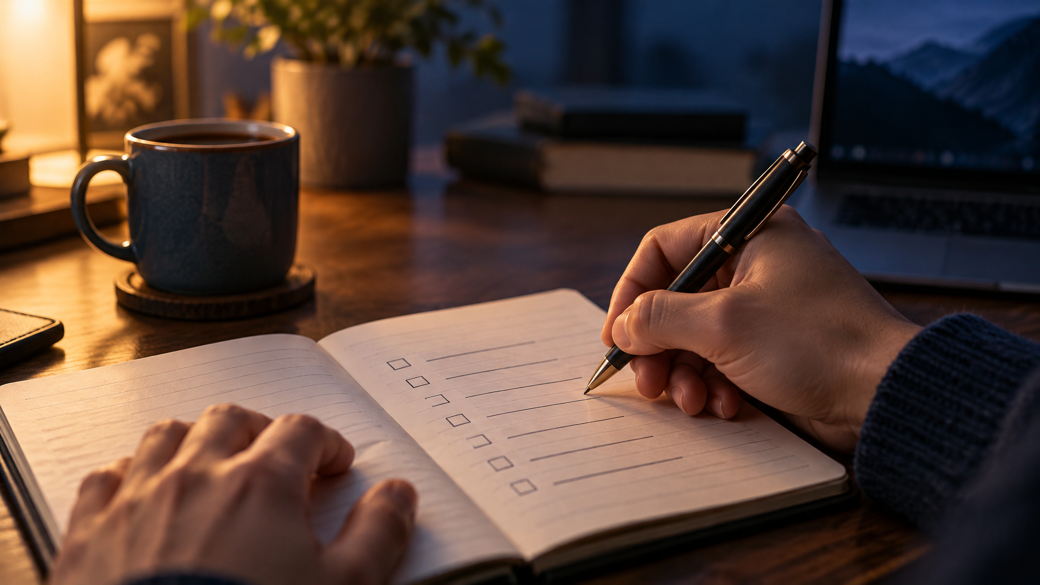 Mãos escrevendo lista de tarefas em caderno