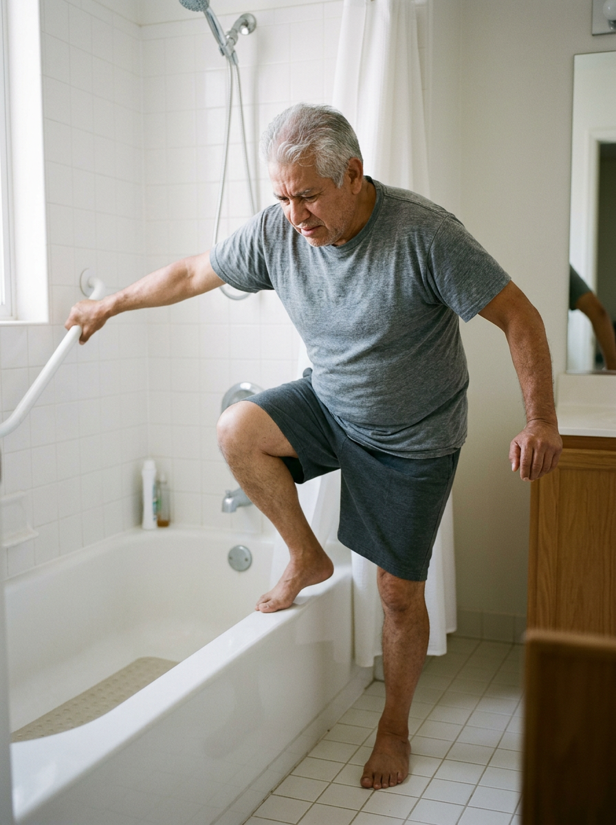 Older Hispanic male veteran holding the bathroom wall for support struggling to step over the edge of a bathtub