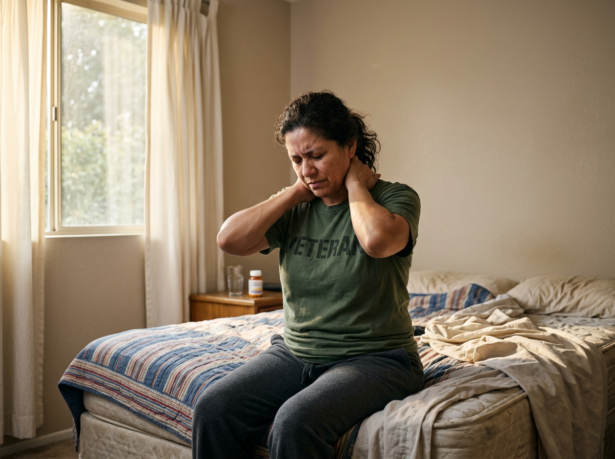 Hispanic female veteran showing widespread pain by pressing on her shoulders and upper back