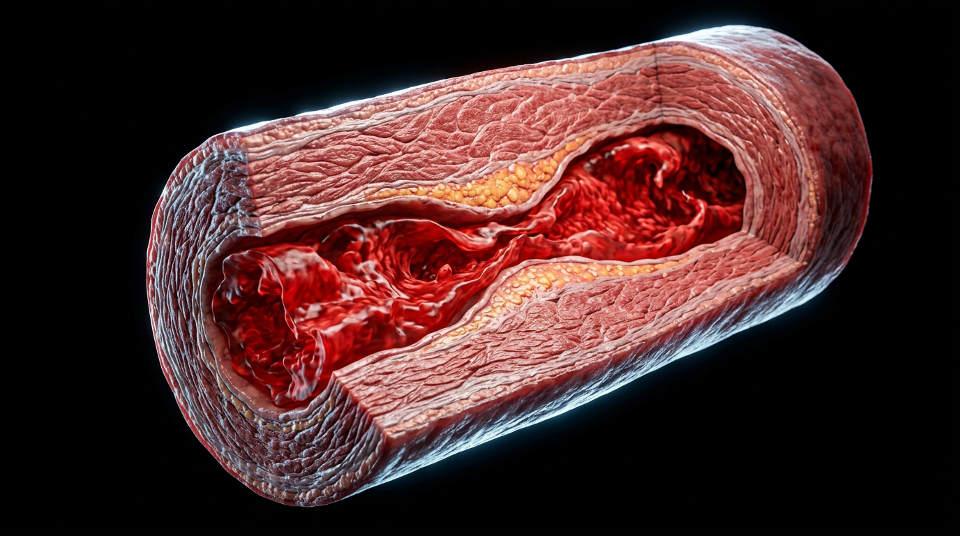Three-dimensional cross-section of an artery showing thickened walls and narrowed lumen from chronic hypertensive vascular disease against a dark background