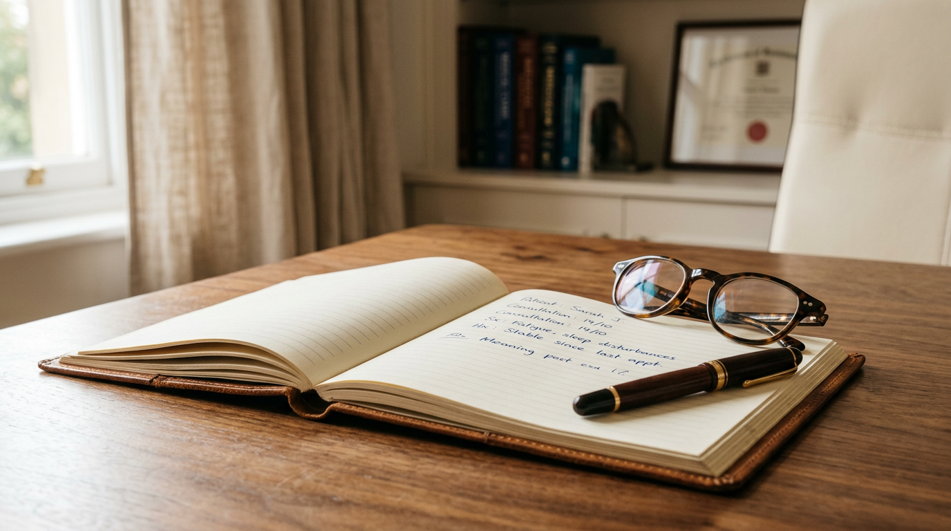 A quality leather-bound notebook open on a polished walnut desk with reading glasses and a fountain pen in soft natural light
