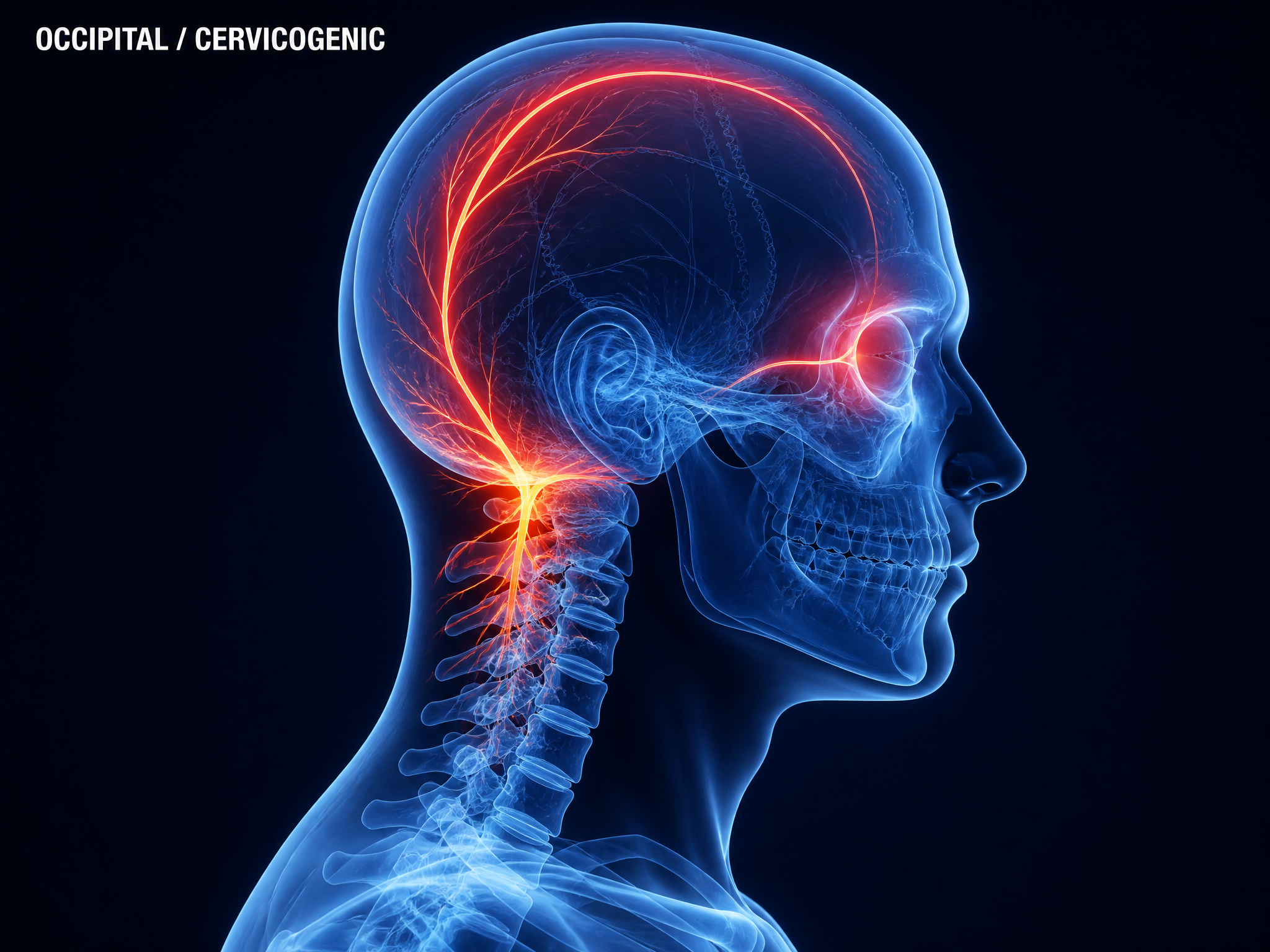 Anatomical figure showing cervicogenic headache pain starting at the base of the skull and wrapping forward over the scalp to behind one eye