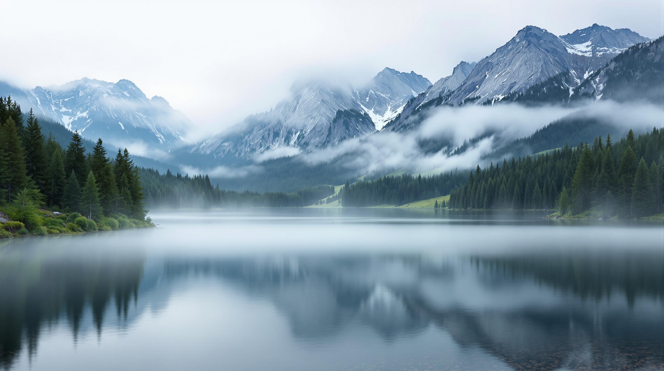 Calm misty lake surrounded by mountains and forest