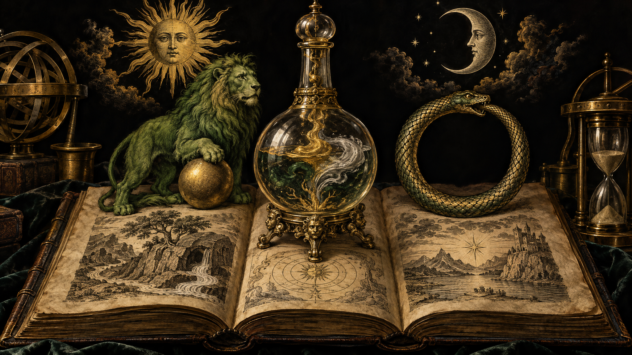 An engraved-style alchemical allegory with a flask, sun and moon, a green lion and an ouroboros on an open antique book