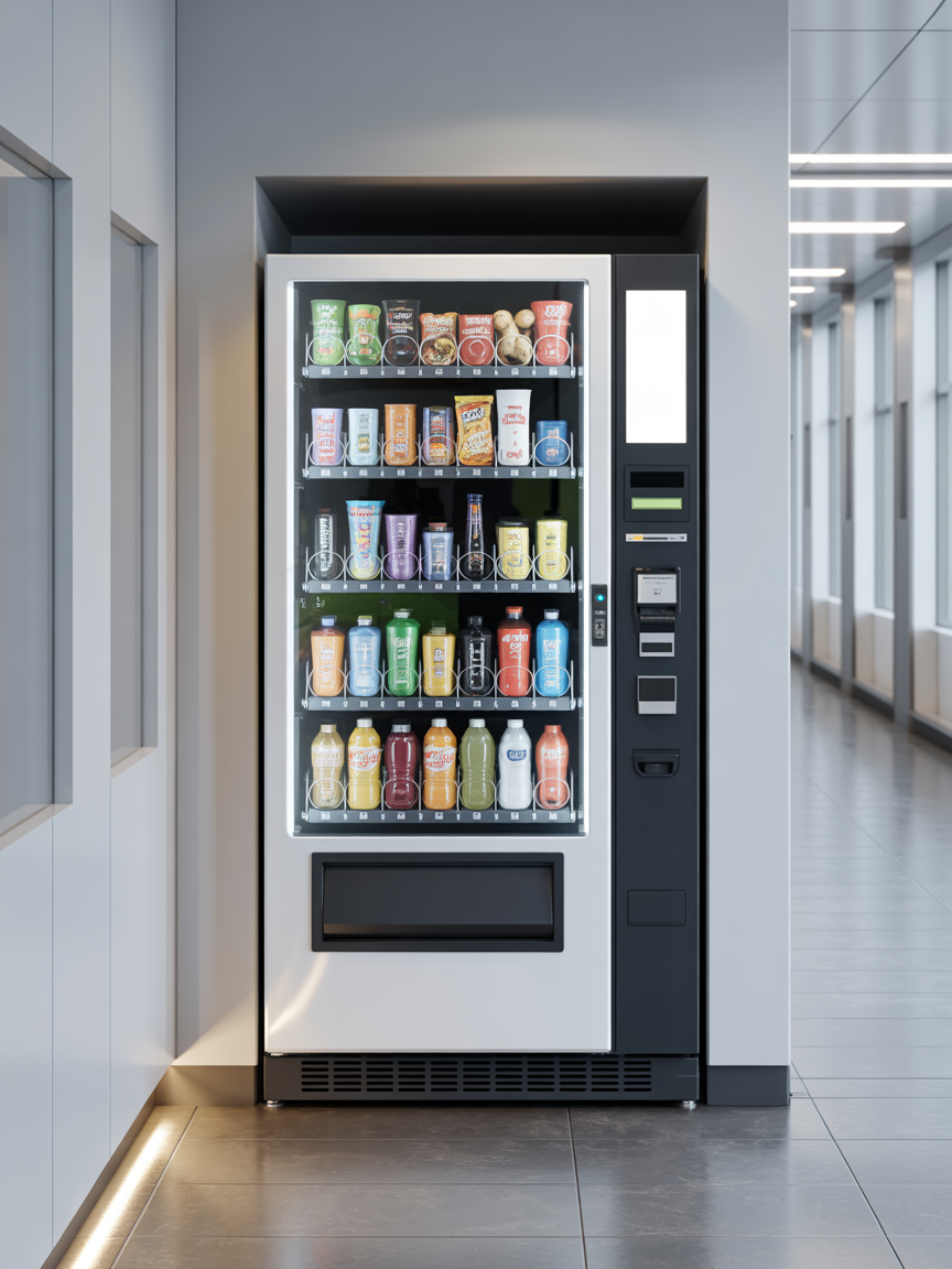 Modern combination snack and beverage vending machine fully stocked in a clean office hallway