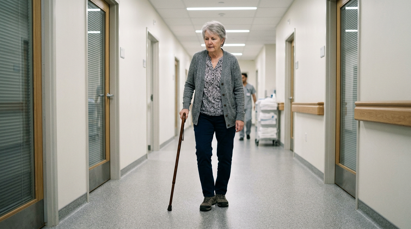White female veteran walking with noticeable limp in clinic hallway using a cane