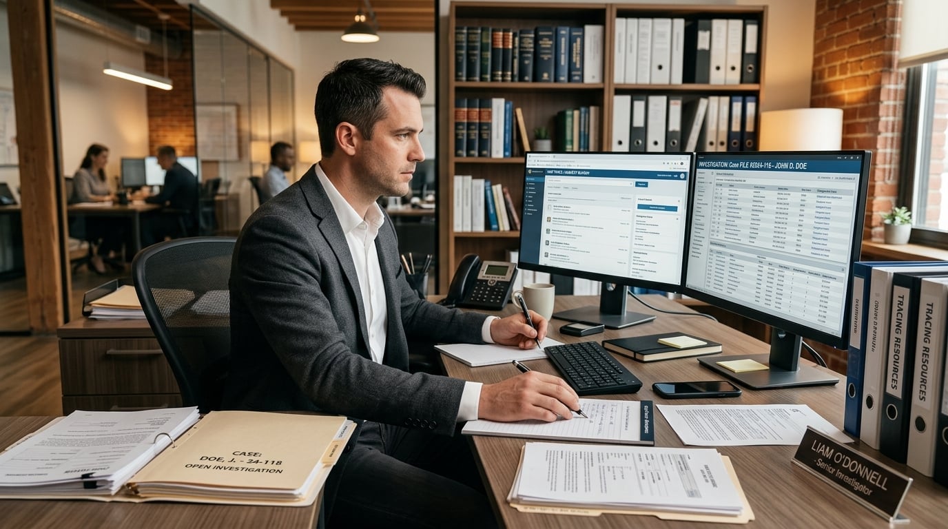 Professional investigator conducting skip tracing research at a modern office