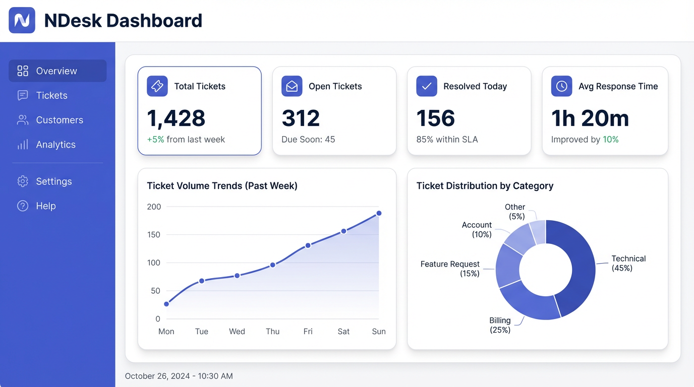 NDesk Dashboard — overview with ticket statistics and analytics charts