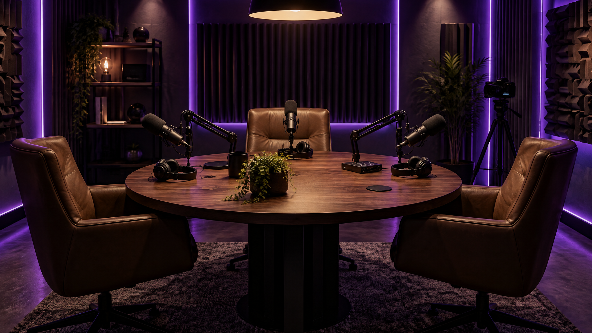 DM Digital Media podcast recording studio with microphones, lighting and seating