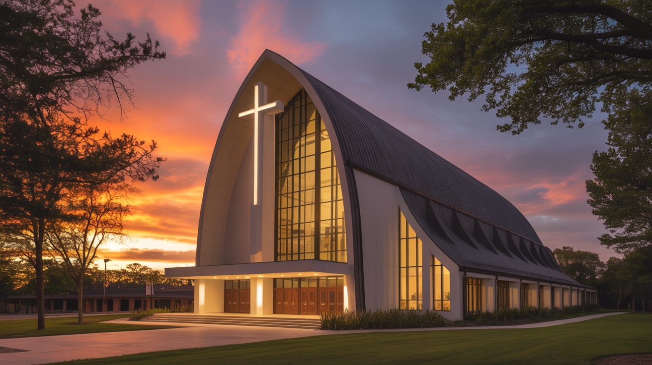 Beautiful church building exterior at golden hour sunset