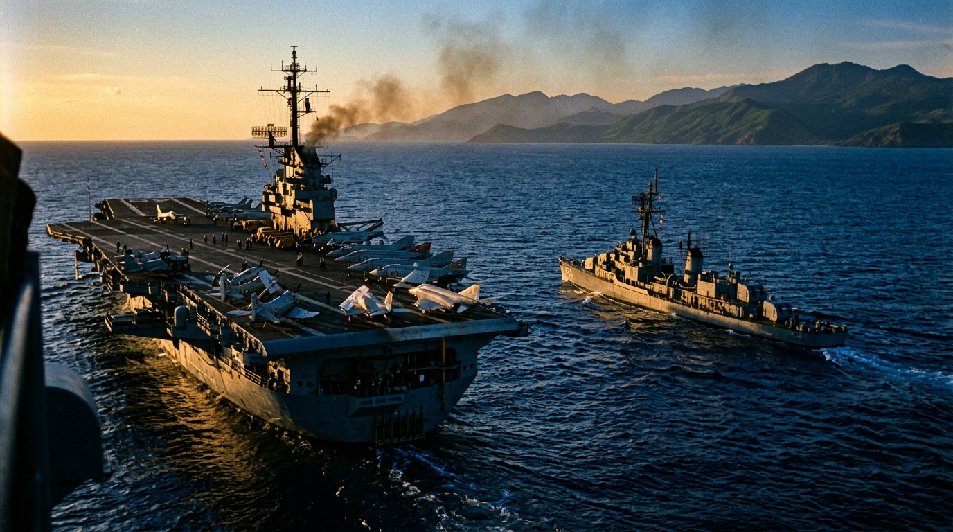 U.S. Navy aircraft carrier and destroyer sailing in the blue waters off the coast of Vietnam during the Vietnam War era