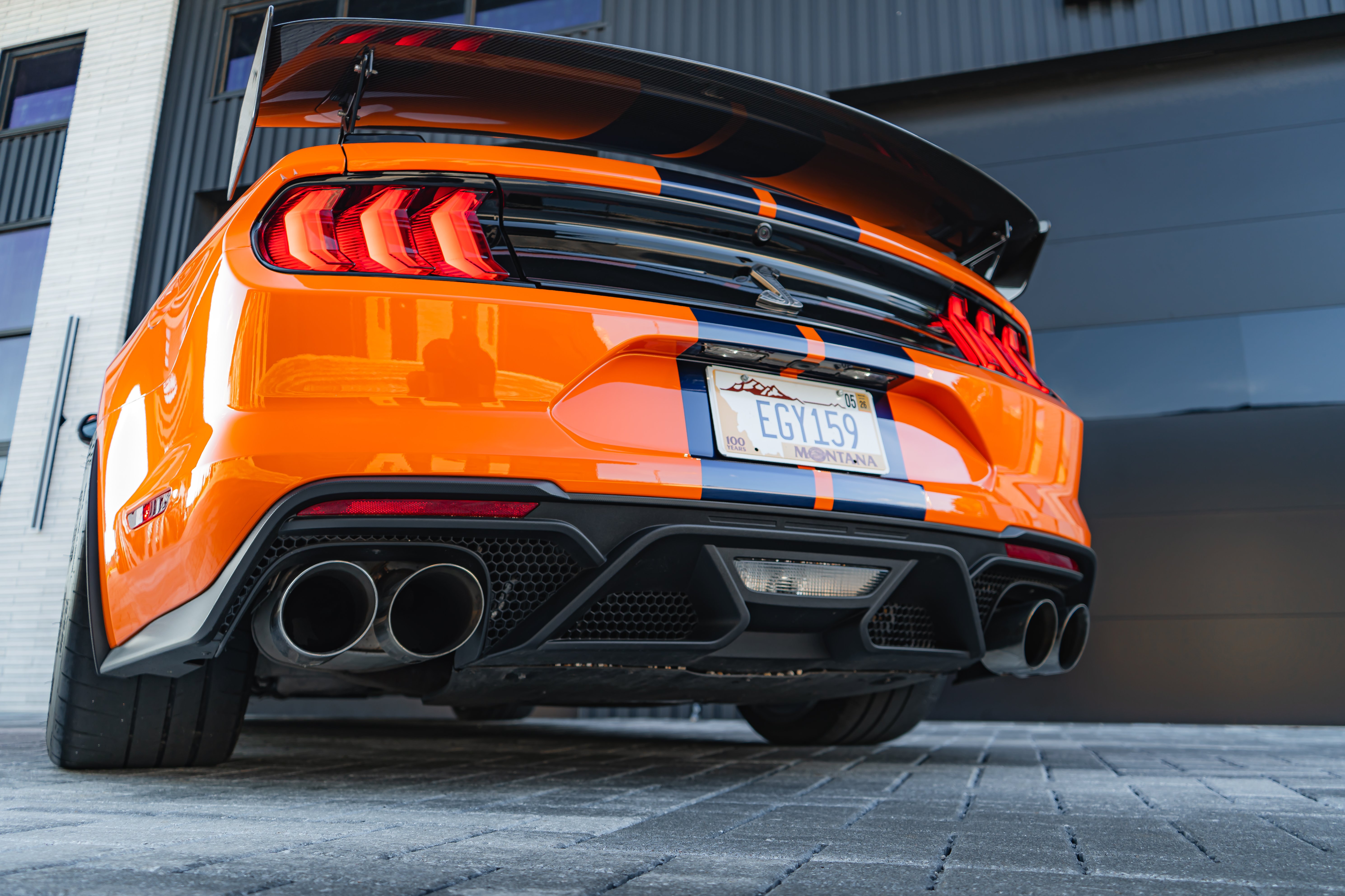 2020 Shelby GT500 low-angle rear showing quad exhaust tips