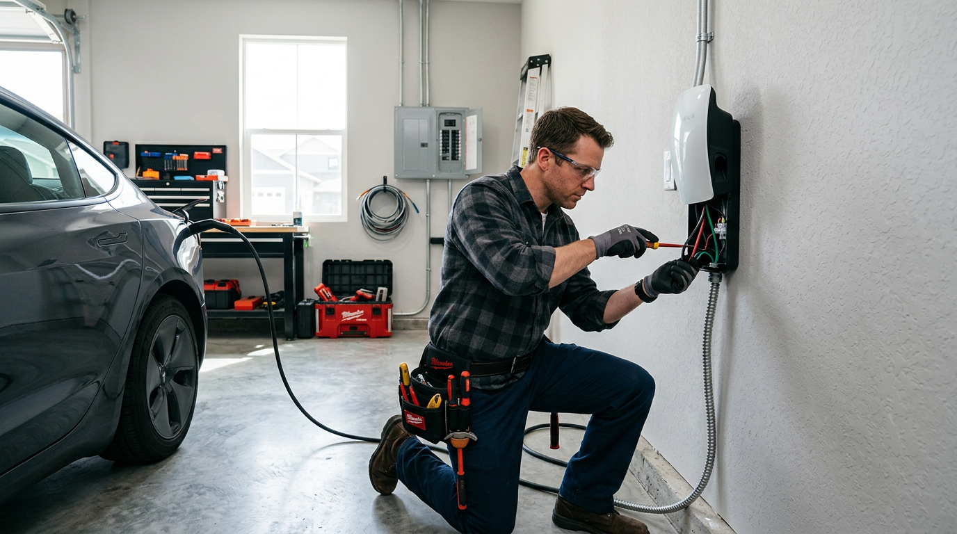 Electrician installing a Level 2 home EV charger in a modern garage