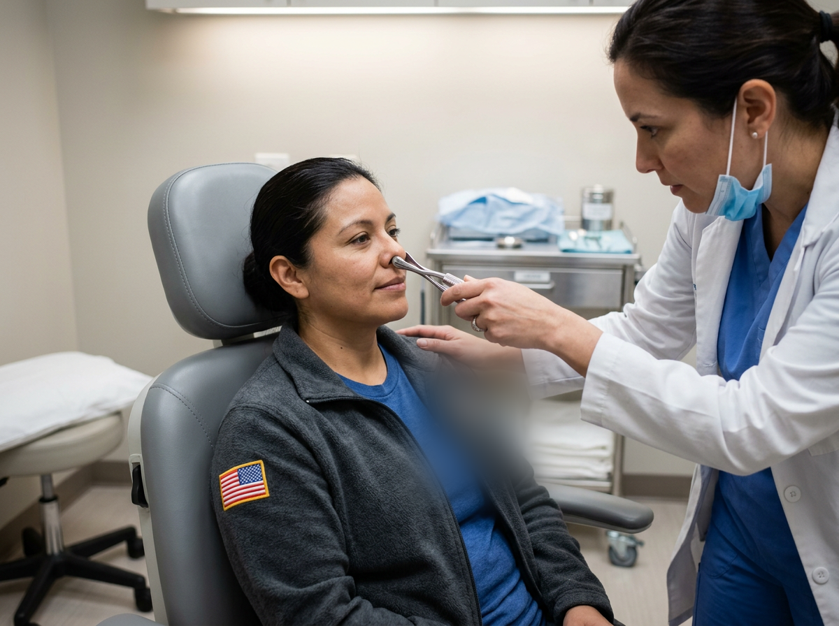 Latina female veteran having her nasal passages examined by a clinician using a nasal speculum during a rhinitis examination