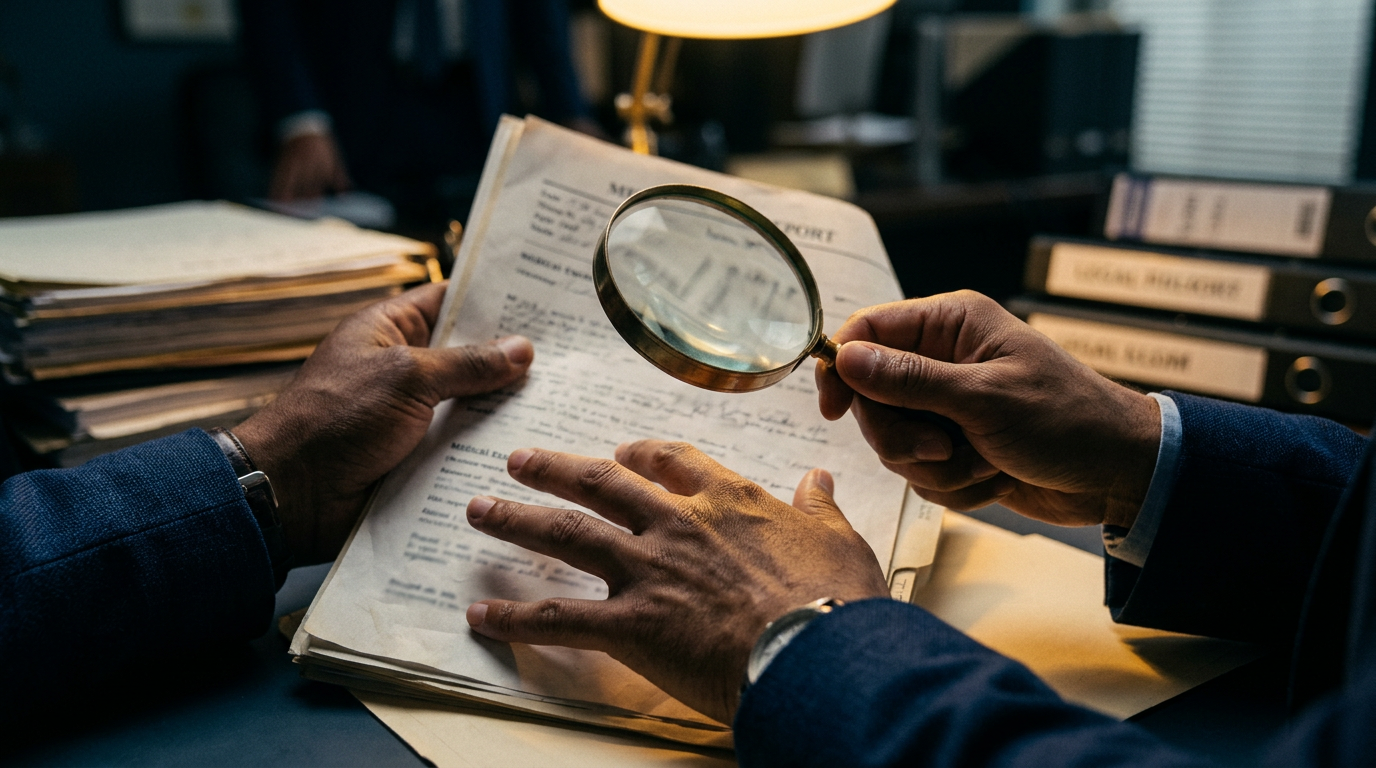 An advocate scrutinizing a medical exam report with a magnifying glass