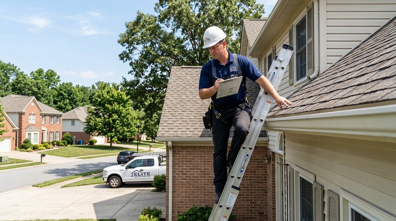 Roofing contractor on a ladder with a clipboard performing a roof inspection on a suburban home