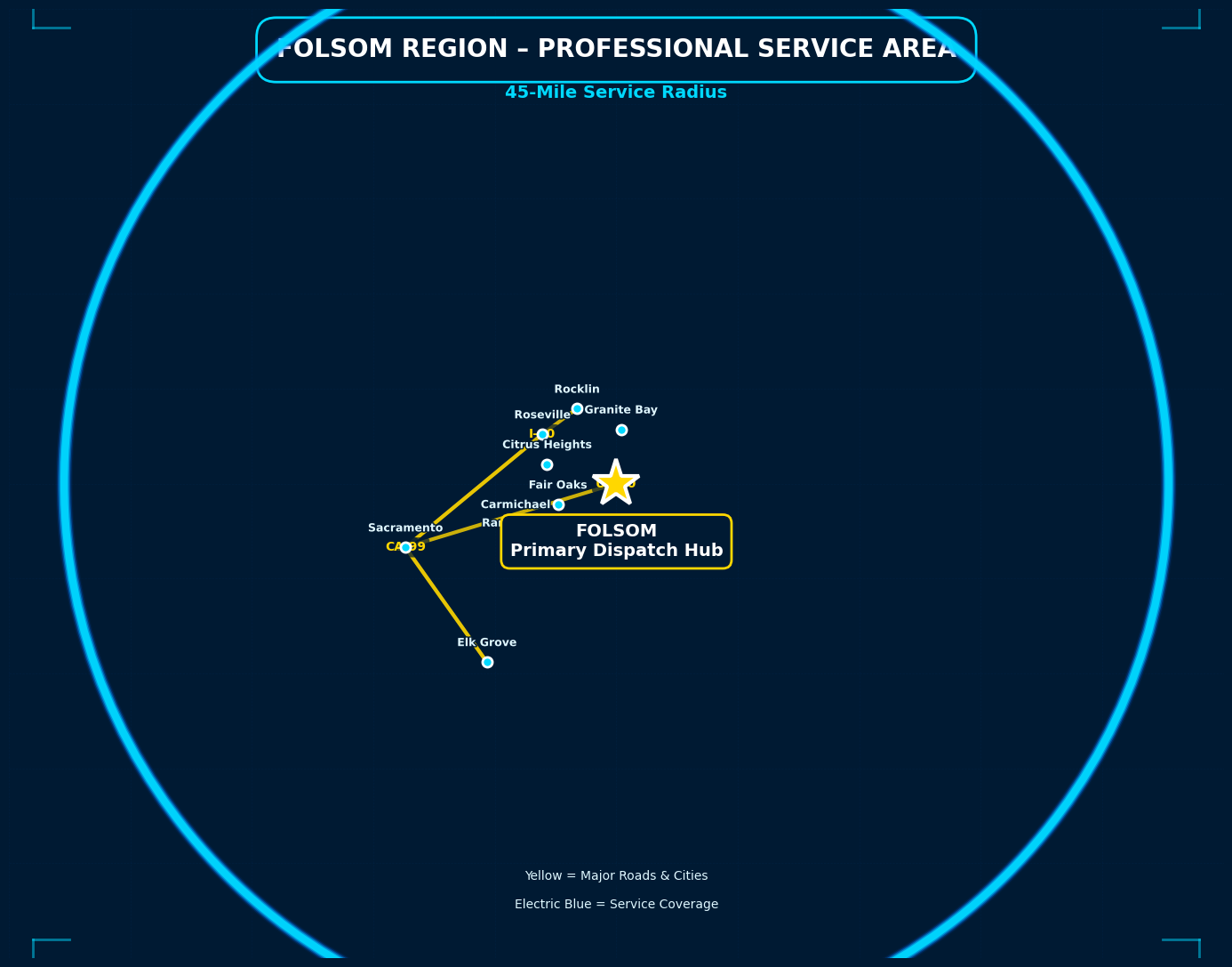 Folsom-centered 45-mile service coverage map showing Sacramento region for mobile EV charging
