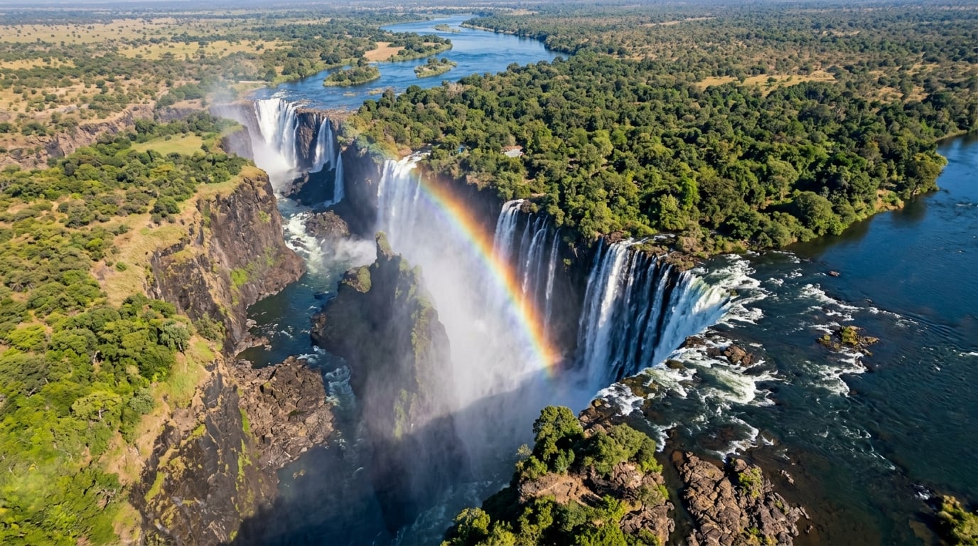 Aerial view of the full width of Victoria Falls with a rainbow in the spray and the Batoka Gorge below