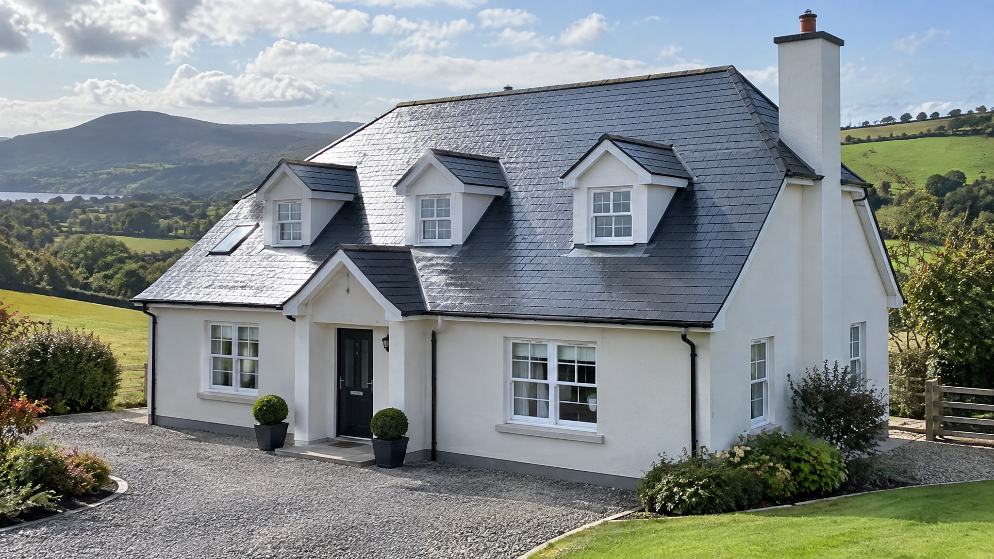 Freshly cleaned slate roof on an Irish country house in Wicklow