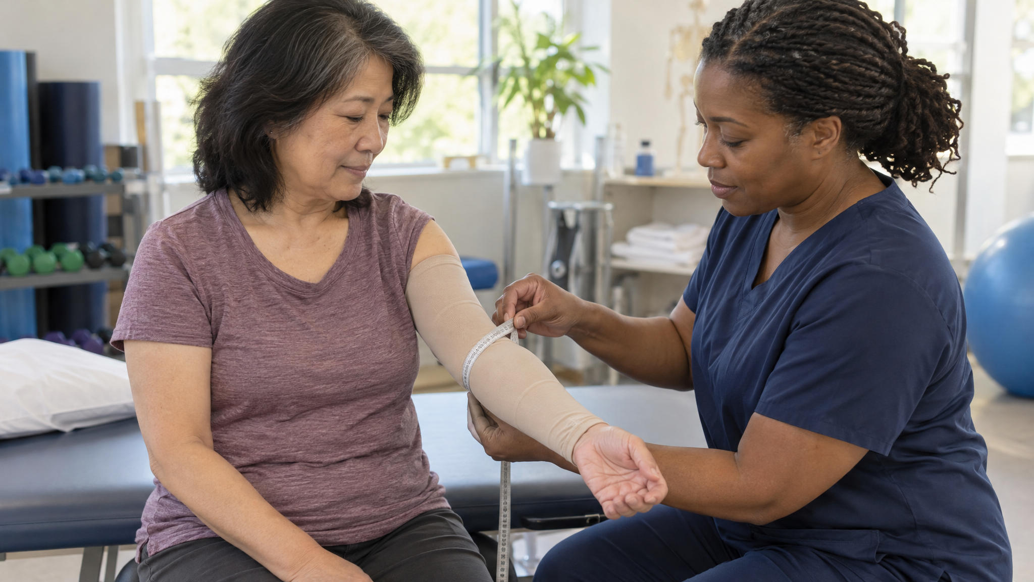 A woman veteran wearing a compression sleeve while a woman physical therapist measures the swelling in her arm