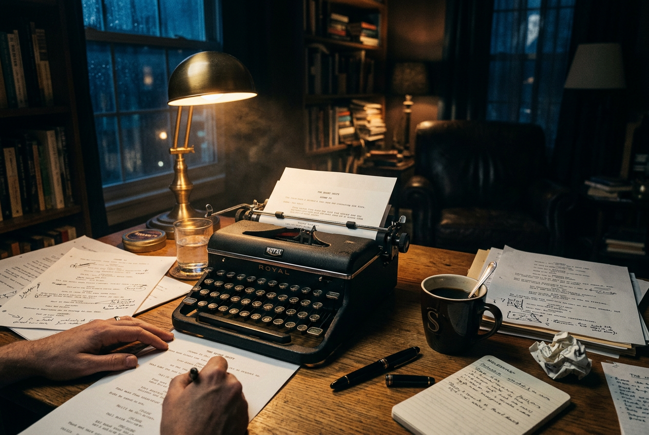Screenwriter workspace with laptop and script pages under a warm lamp in cinematic lighting