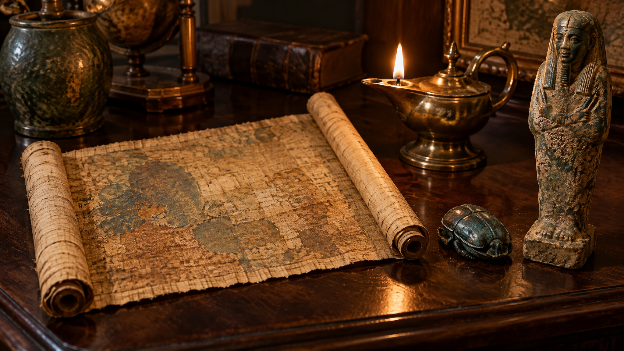 An antiquarian cabinet holding papyrus fragments and a carved scarab