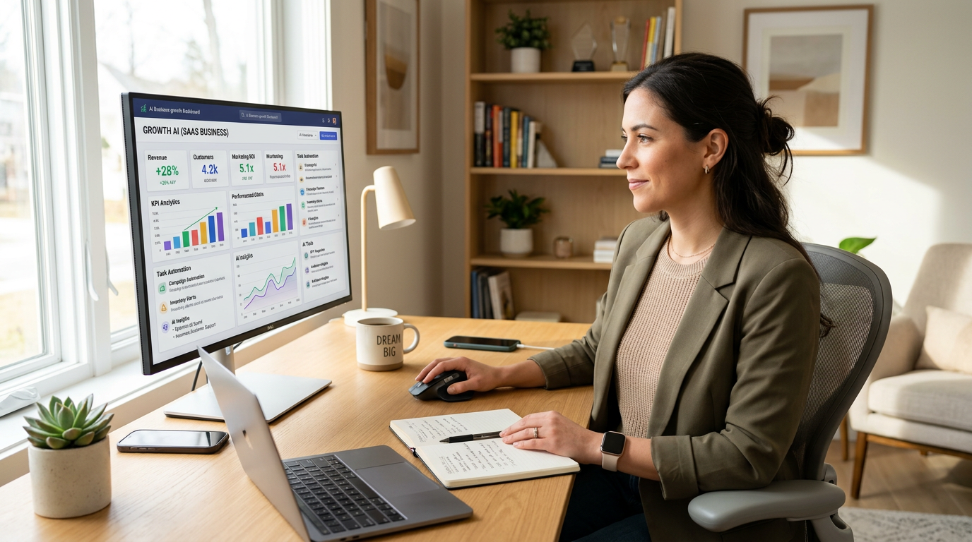 Small business owner using AI tools and analytics at a modern desk