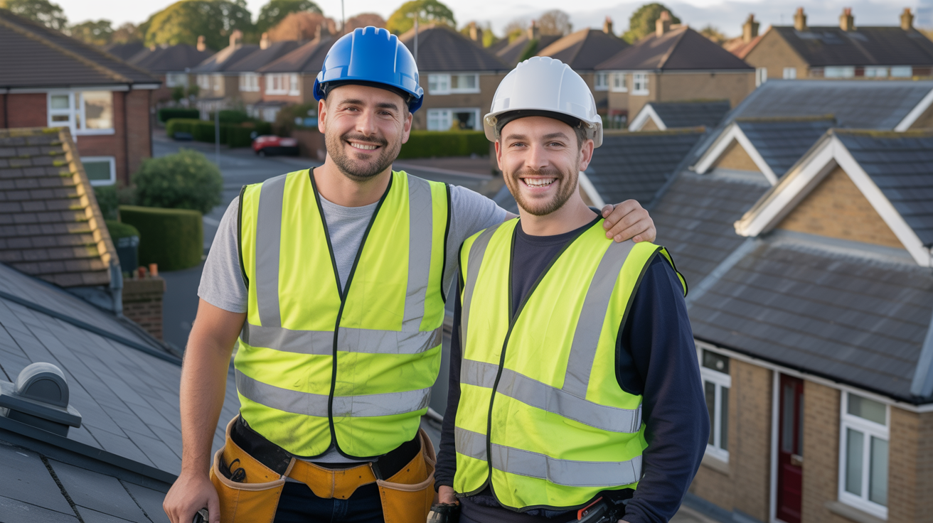Millington and Sons family roofing team on a rooftop in Widnes