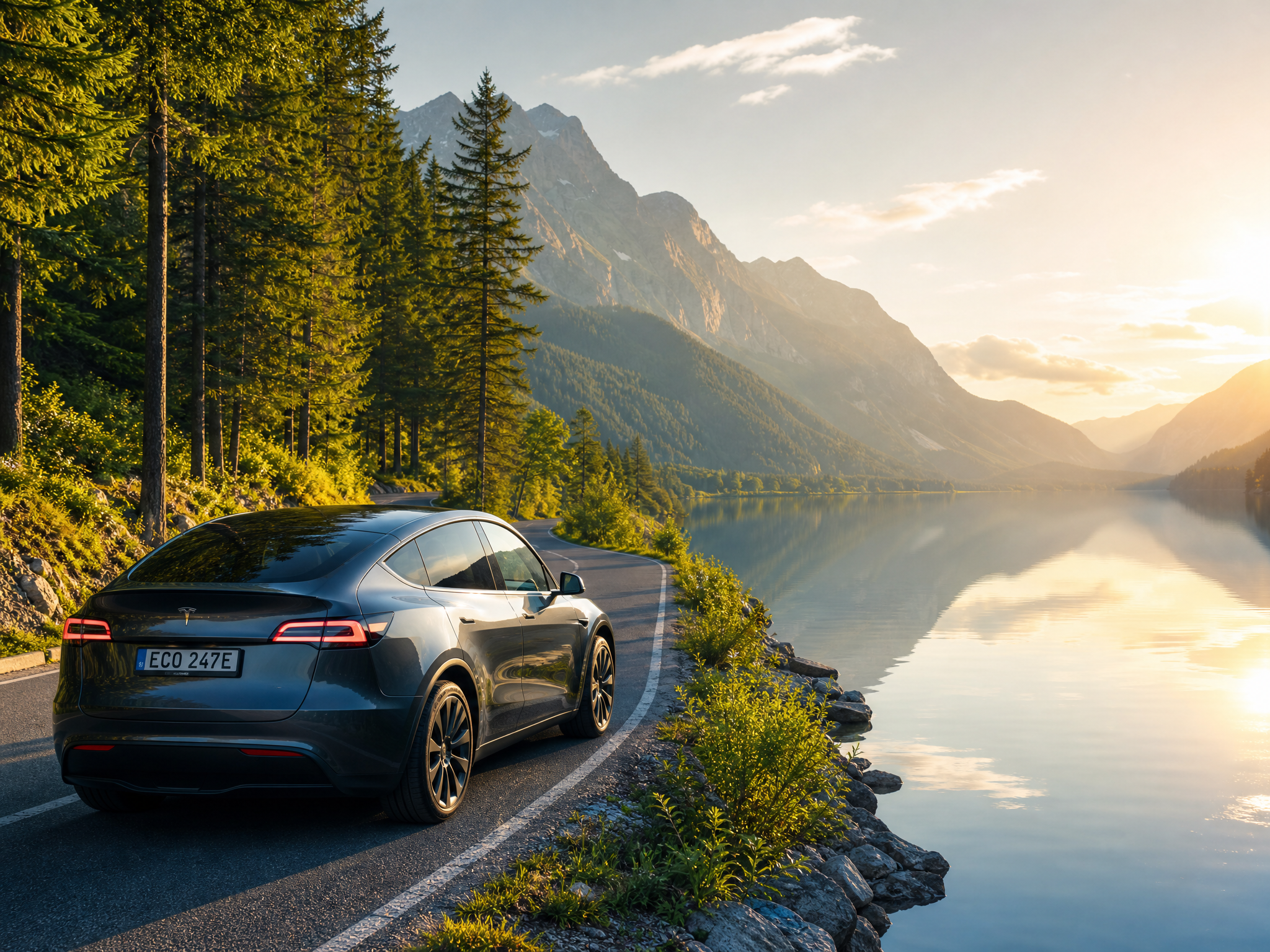 Modern electric car parked by a scenic lakeside road with mountains and lush green trees at golden hour