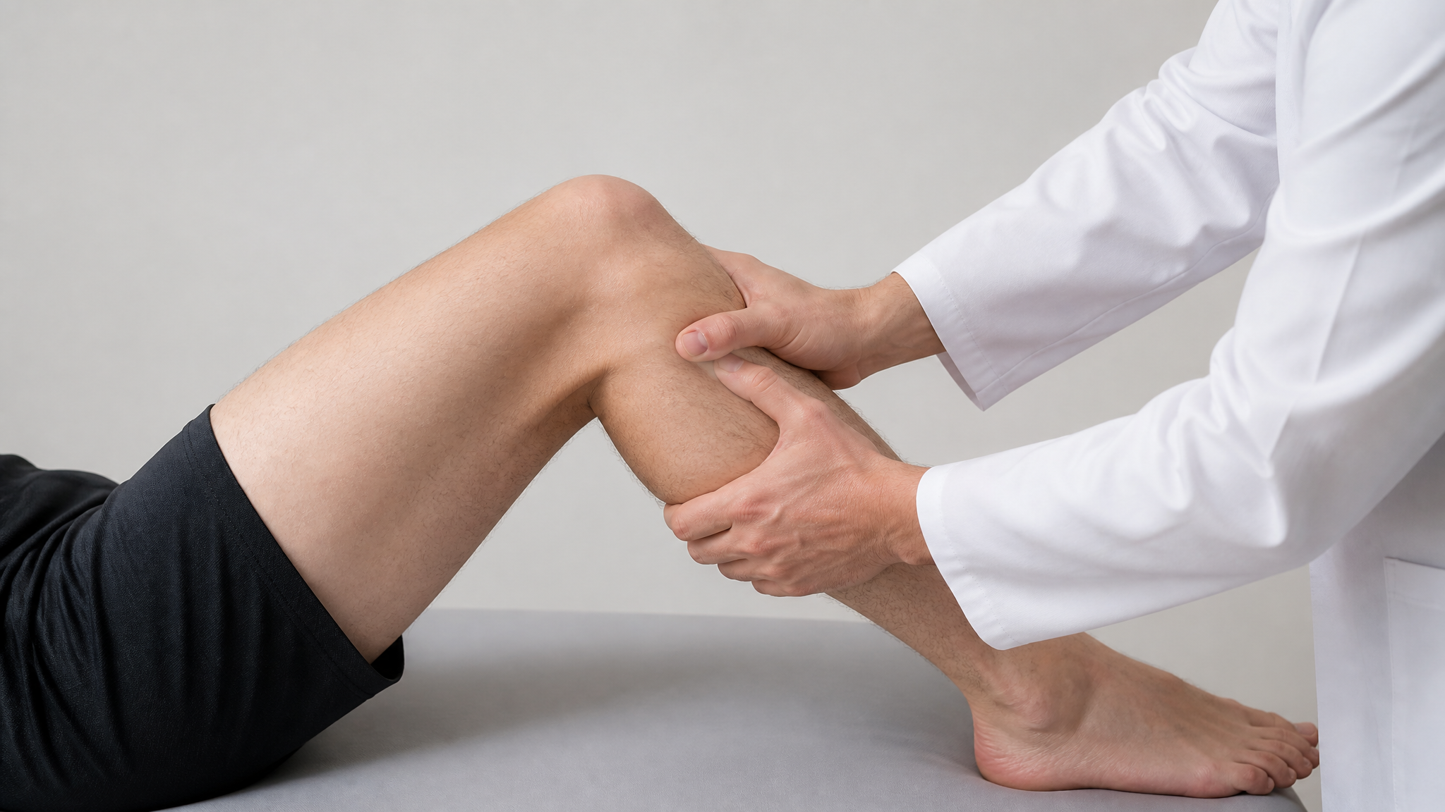 Clinical illustration of the Lachman test with the examiner pulling the tibia forward on a knee flexed about twenty-five degrees