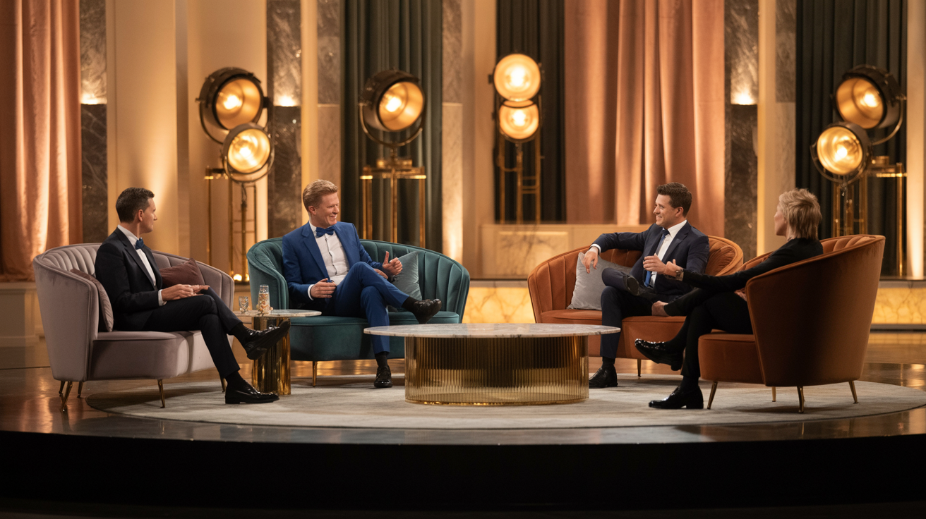 Luxury talk show set with golden lighting