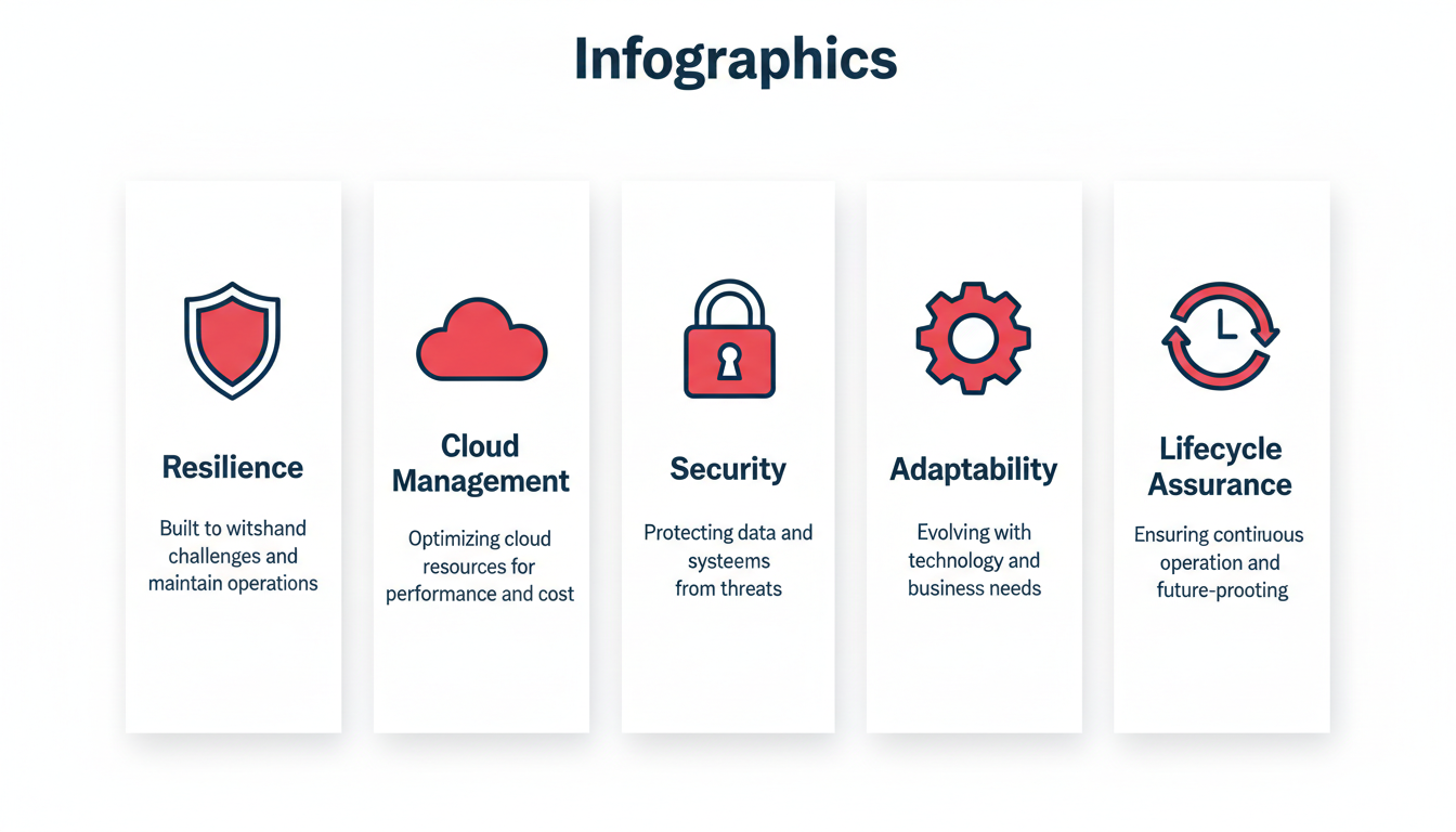 Infografía de los 5 pilares de la conectividad IoT de misión crítica: Resiliencia, Gestión Cloud, Seguridad, Adaptabilidad y Garantía de Ciclo de Vida