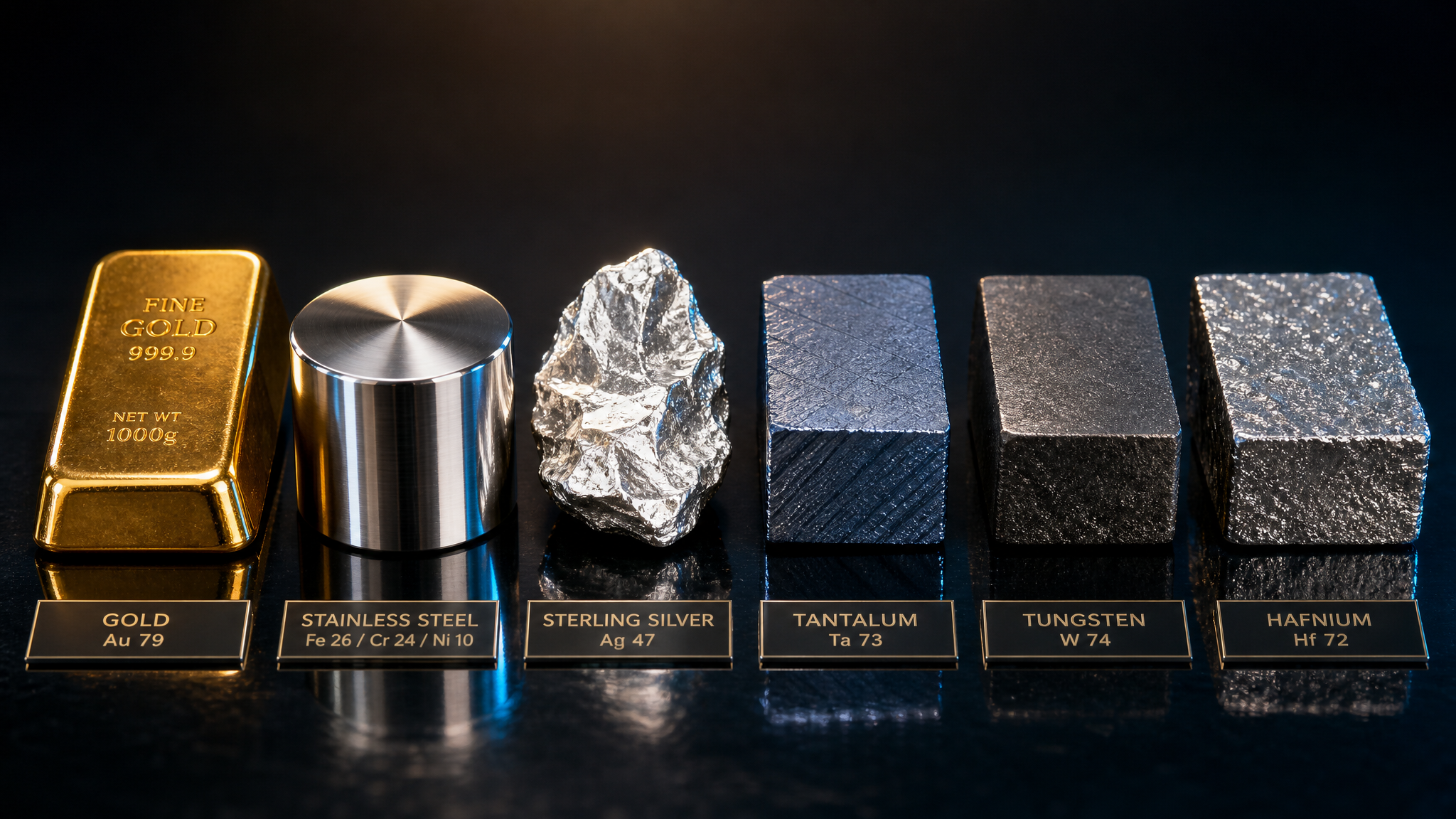 Gold, stainless steel, sterling silver, tantalum, tungsten and hafnium metal samples