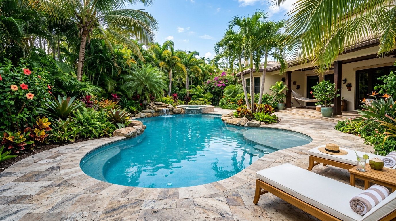 Fiberglass pool in tropical backyard