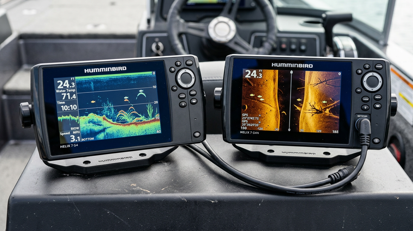 Two Humminbird HELIX 7 fish finder units side by side comparing standard G4 and networked G4N models with ethernet cable