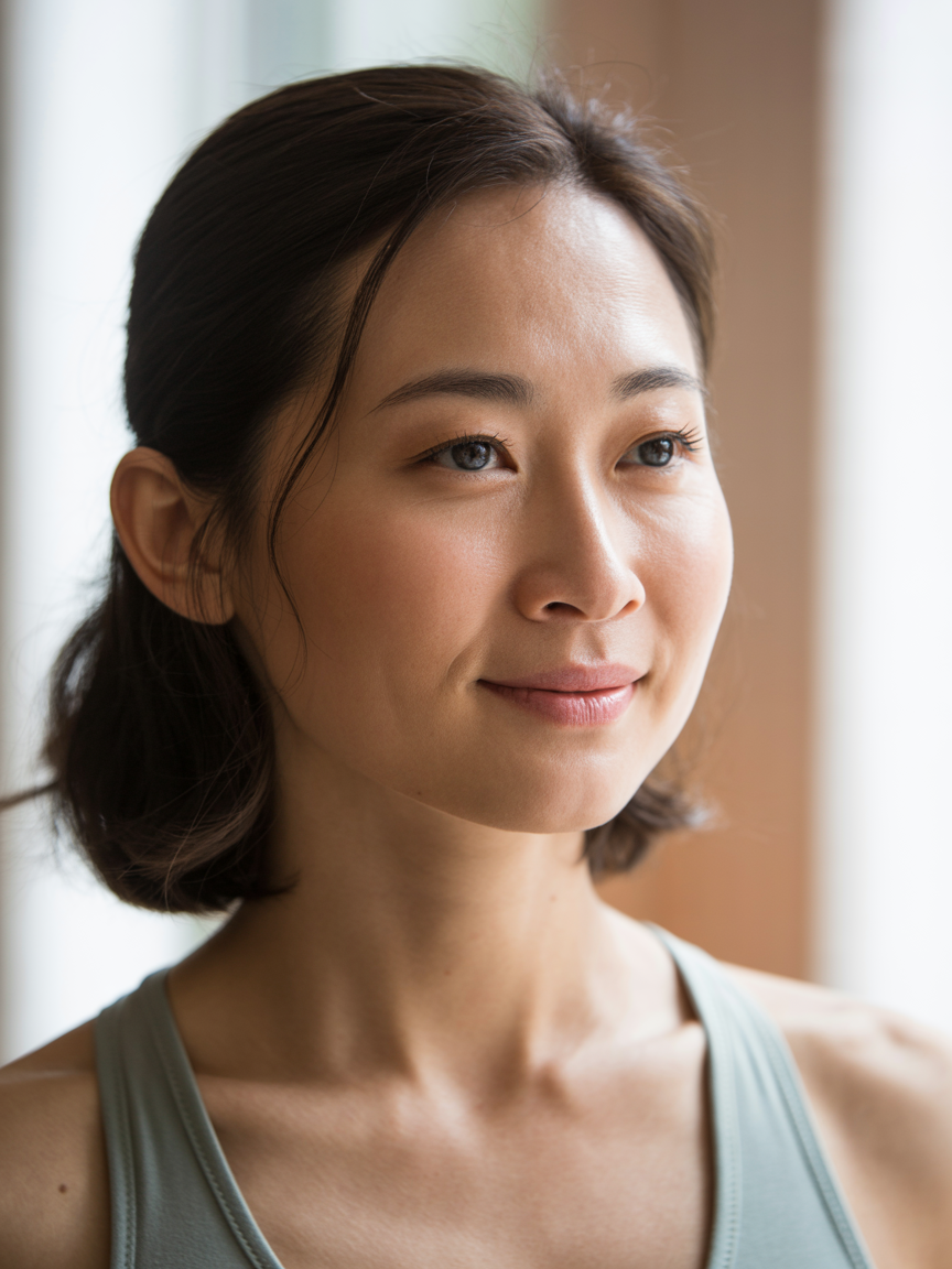 Sarah Chen, yoga instructor, in a peaceful portrait