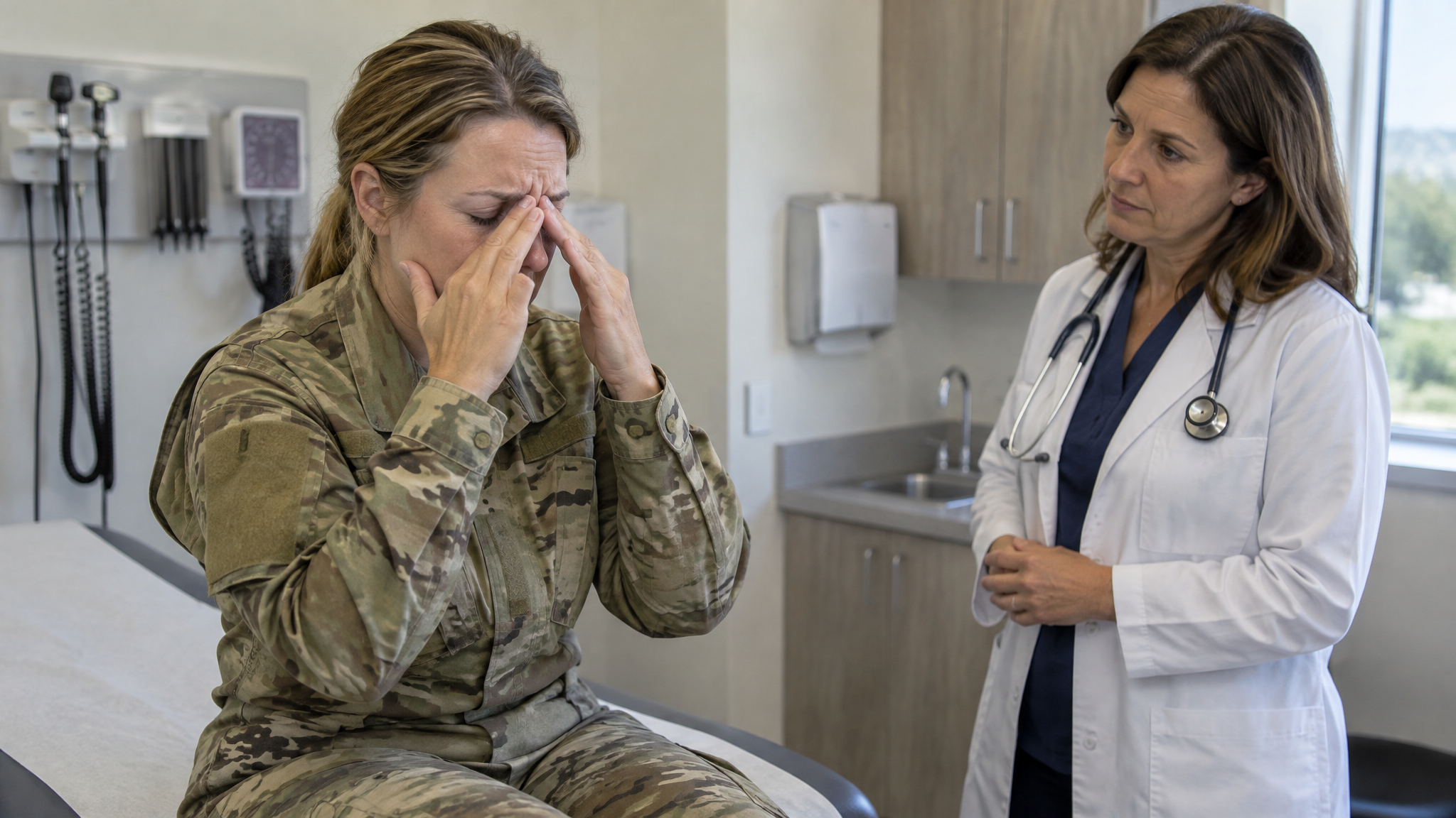 A woman veteran in an Army field jacket pressing her fingers to her sinuses while a woman doctor looks on