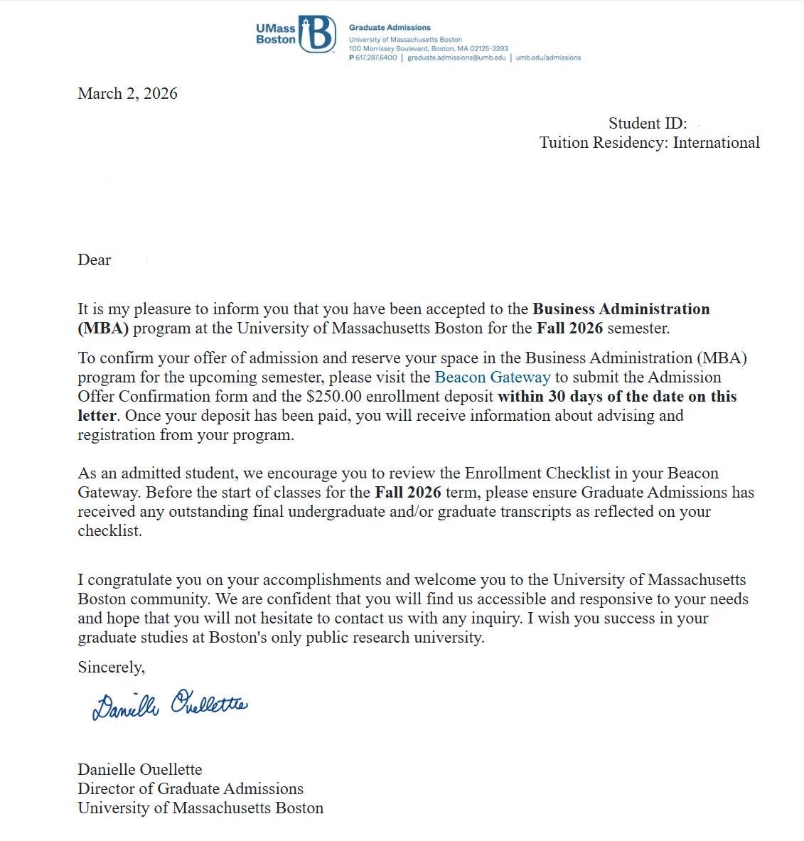 UMass Boston admission letter
