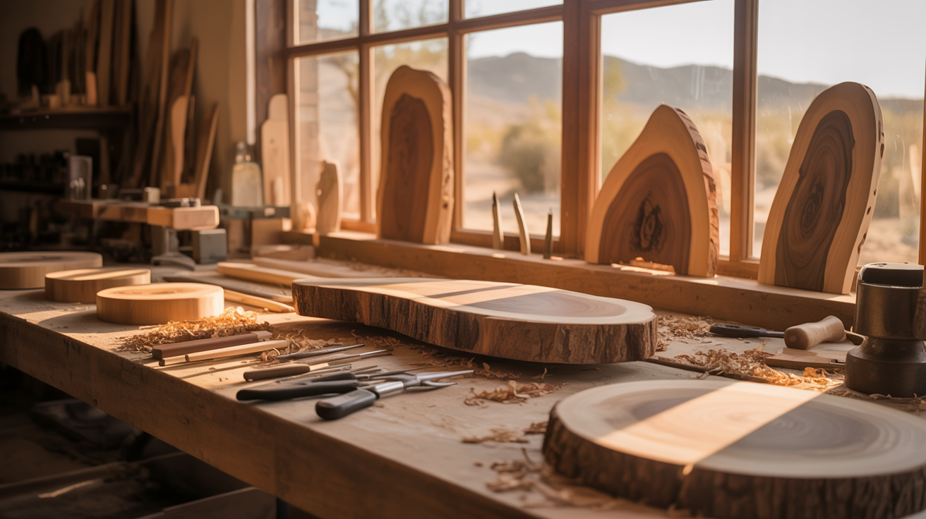 Desert Sky Artisans woodworking workshop with warm golden lighting