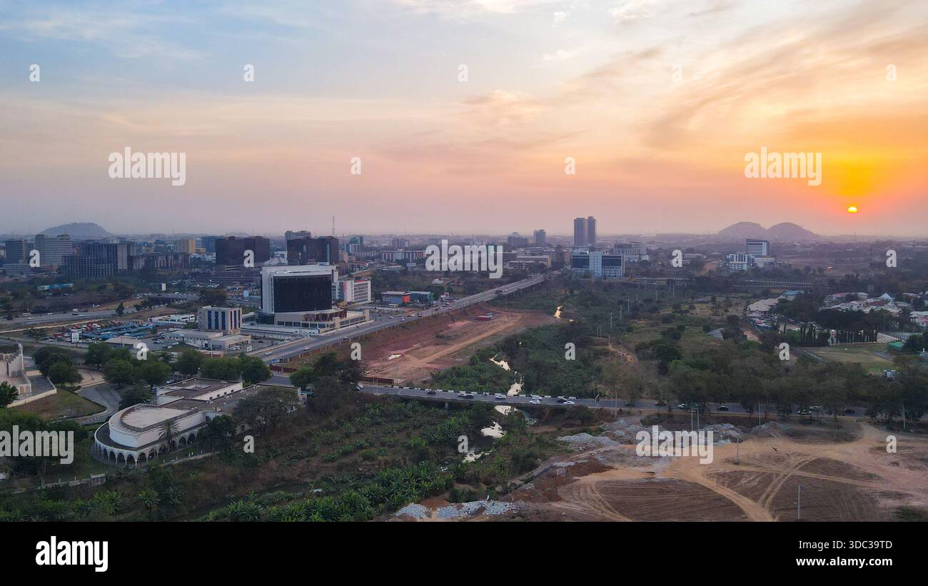 Abuja skyline aerial view at dusk
