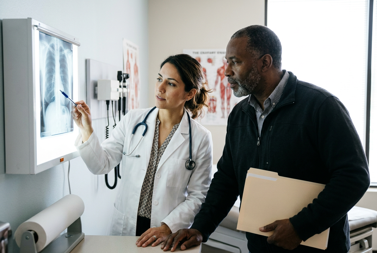 A doctor reviewing medical imaging with a military veteran patient