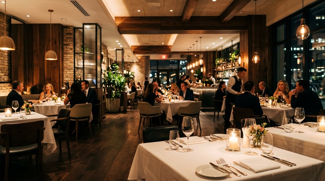 Modern restaurant interior with warm ambient lighting