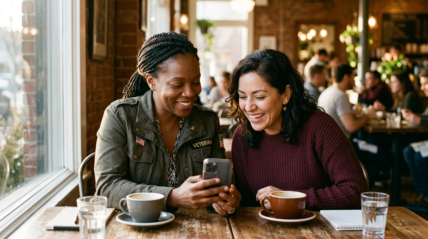 A woman veteran sharing this resource with a friend over coffee