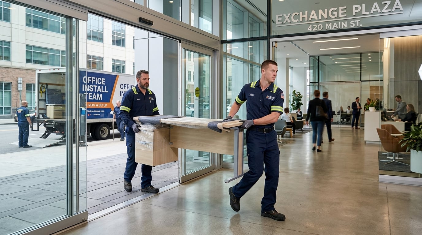 Professional furniture installers delivering and setting up office furniture