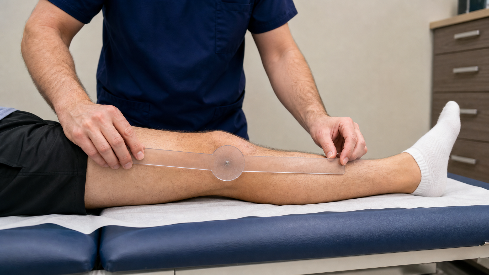 Photograph of a clinician holding a goniometer against a patient's straight fused leg to record the fixed angle