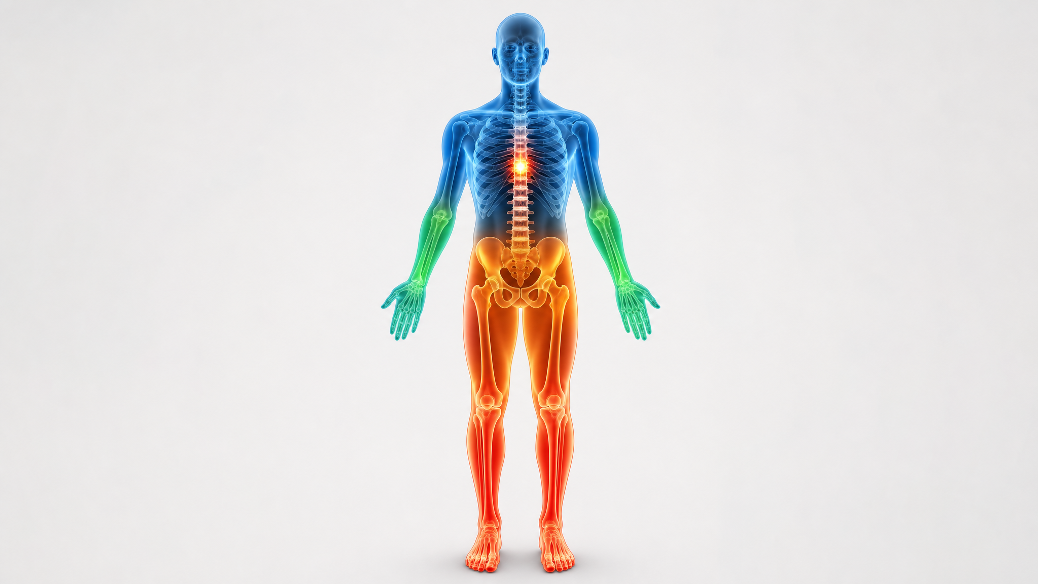 Illustration of a full-body standing figure with arms glowing healthy blue-green and legs glowing warning orange-red, a thoracic marker on the spine