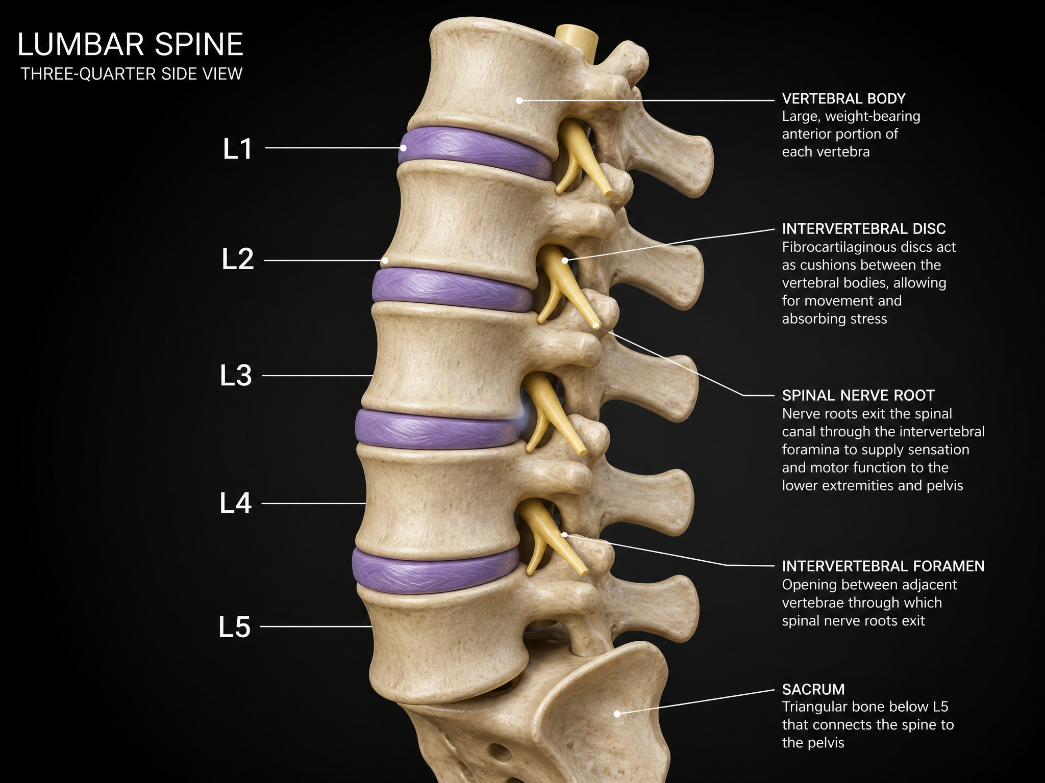 Anatomical diagram of the Lumbar Spine — L1 through L5